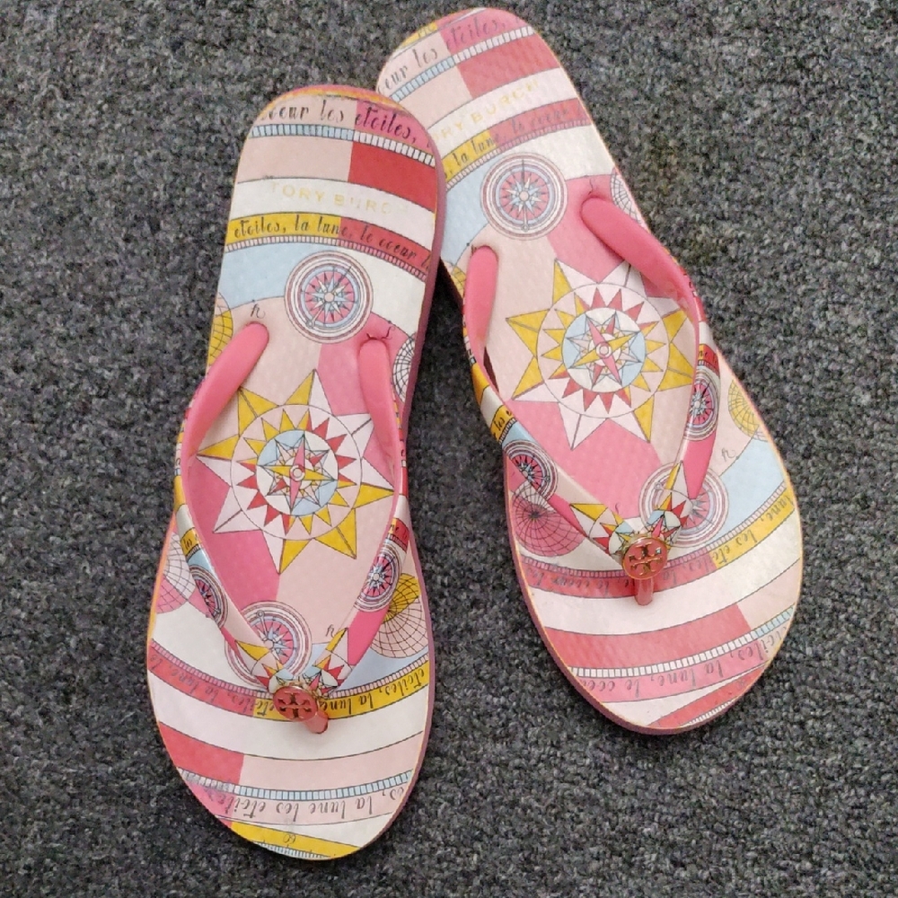 Tory Burch Pink/Yellow Geometric Print Thong Sandals